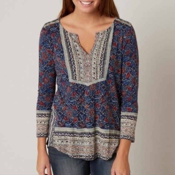 Lucky Brand Woodblock Floral Print Blouse - Blue and Red Size Large - Picture 1 of 9
